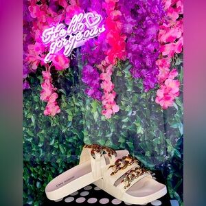 Off White Gold Chain Slip On Sandals